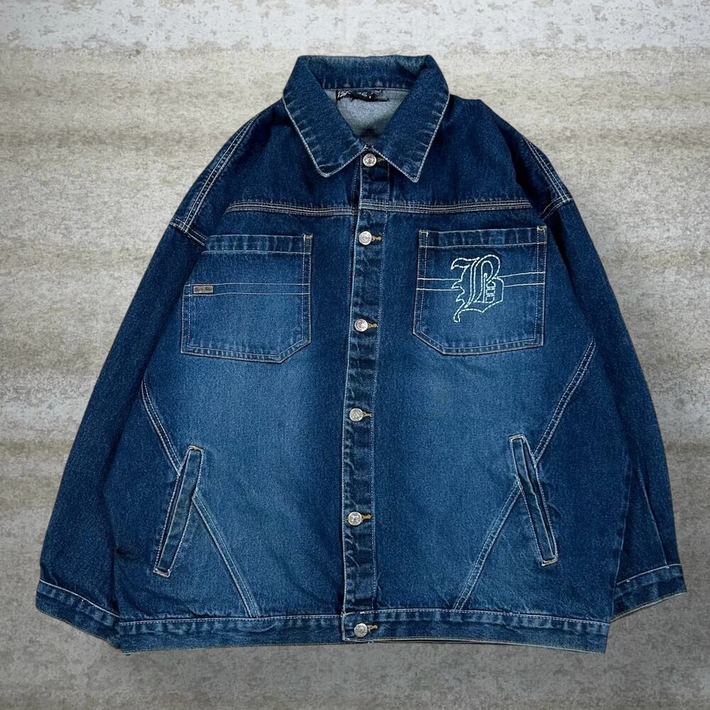 Vintage Y2K Brooklyn Express Jean Jacket Mens 2XL Dark Wash Denim Button Up